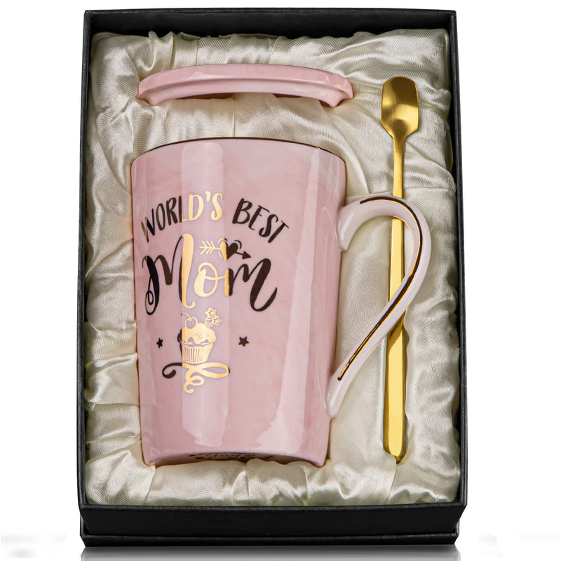 Gifts for Mom - Mom Christmas Birthday Gifts from Daughter Son - Unique Birthday Gifts Ideas for Mom New Mother Wife Women - Ceramic Marble World’s Best Mom Coffee Mug Gift Box Printed Gold 14 oz Pink