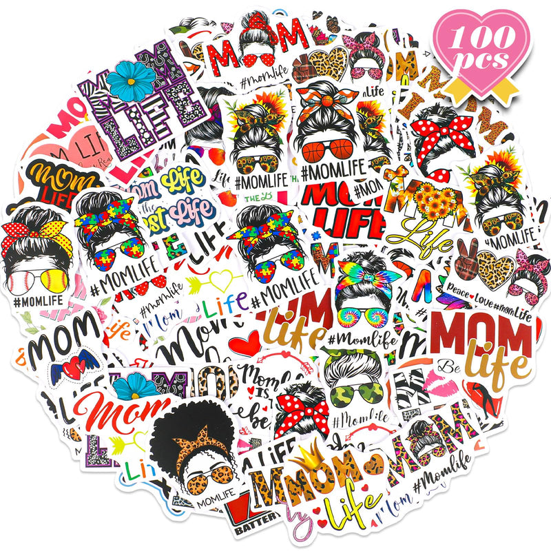 Yeaqee 100 Pcs Mom Stickers Mom Life Stickers Mom Car Decals Funny Mom Cute Stickers Aesthetic Mother Stickers for Mothers Gift Water Bottles Luggage Car Laptop Guitar Scrapbook Bike Fridge