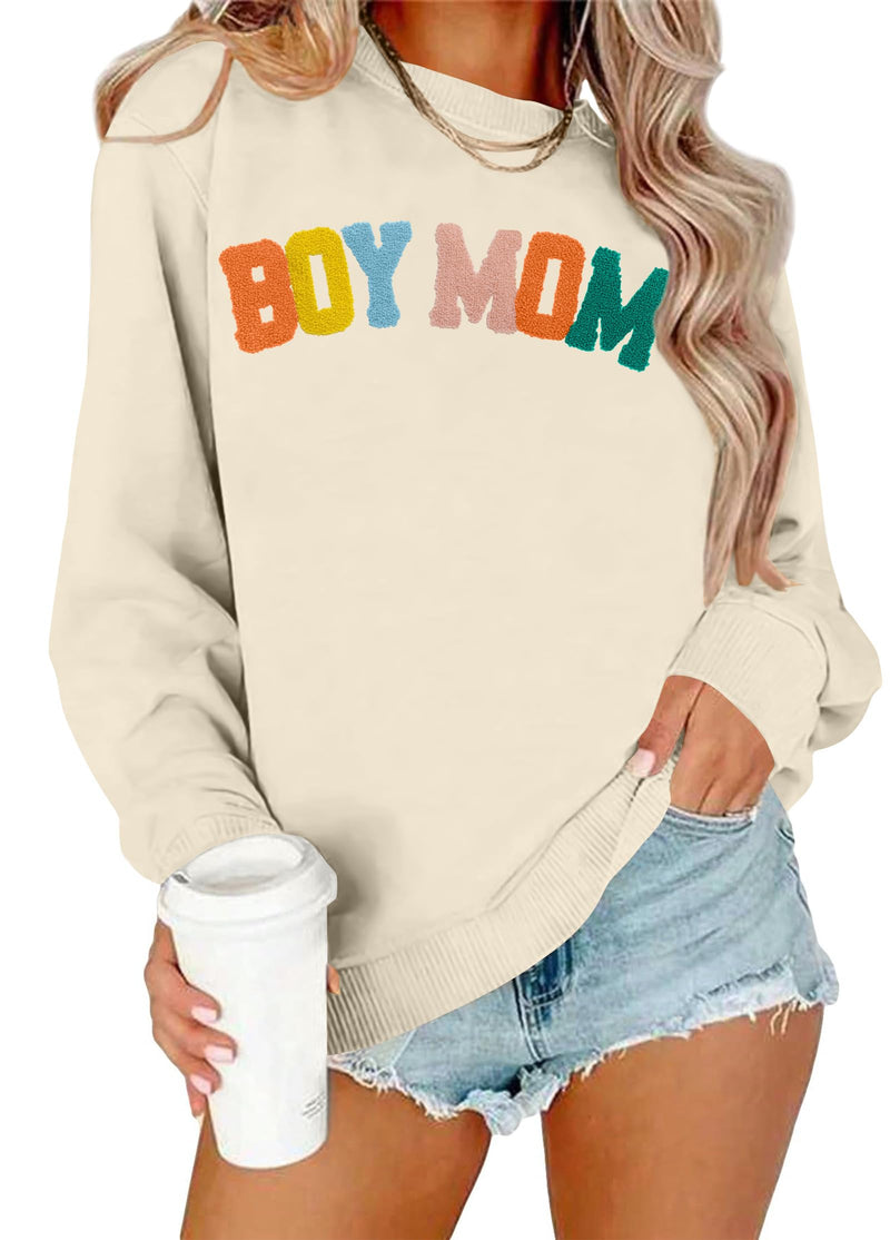 HQP Boy Mom Sweatshirt Women Mama Sweatshirts: Mom Life Long Sleeve Shirt Boy Mom Gift Embroidered Crew Neck Pullover Beige